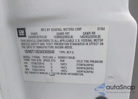 2004 Chevrolet Trailblazer Ls из США, поврежденный, VIN 1GNDT13S342308048